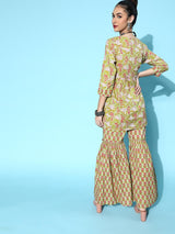 Women's Green Floral Printed Pure Cotton Kurti with Sharara