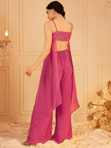 Women's Pink Sleeveless Shoulder Straps Embellished Crop Top & Palazzo