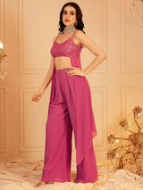 Women's Pink Sleeveless Shoulder Straps Embellished Crop Top & Palazzo