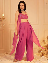 Women's Pink Sleeveless Shoulder Straps Embellished Crop Top & Palazzo