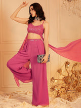 Women's Pink Sleeveless Shoulder Straps Embellished Crop Top & Palazzo