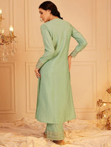 Women's Green Ethnic Motifs Yoke Design Sequinned Straight Kurta with Trouser