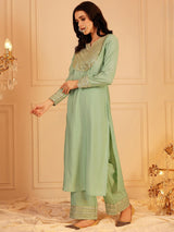 Women's Green Ethnic Motifs Yoke Design Sequinned Straight Kurta with Trouser