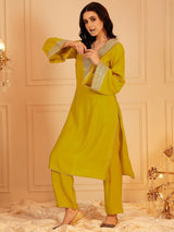 Women's Yellow Ethnic Motifs Yoke Design Flared Sleeves Sequinned Straight Kurta with Trouser