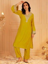 Women's Yellow Ethnic Motifs Yoke Design Flared Sleeves Sequinned Straight Kurta with Trouser