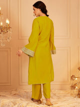 Women's Yellow Ethnic Motifs Yoke Design Flared Sleeves Sequinned Straight Kurta with Trouser
