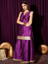 Women's Purple Embroidered V-Neck Sleeveless Beads and Stones Kurta with Sharara