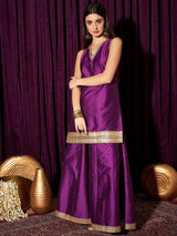 Women's Purple Embroidered V-Neck Sleeveless Beads and Stones Kurta with Sharara