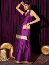 Women's Purple Embroidered V-Neck Sleeveless Beads and Stones Kurta with Sharara