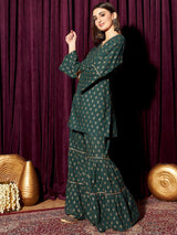 Women's Green Floral Printed Round Neck Long Sleeves Pure Cotton Kurti with Sharara