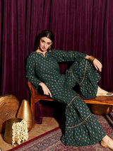 Women's Green Floral Printed Round Neck Long Sleeves Pure Cotton Kurti with Sharara