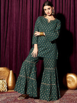 Women's Green Floral Printed Round Neck Long Sleeves Pure Cotton Kurti with Sharara