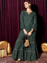 Women's Green Floral Printed Round Neck Long Sleeves Pure Cotton Kurti with Sharara