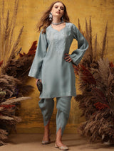 Women's Grey Floral Embroidered V-Neck Straight Kurta with Dhoti Pant