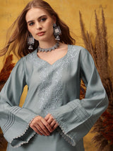 Women's Grey Floral Embroidered V-Neck Straight Kurta with Dhoti Pant