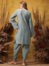 Women's Grey Floral Embroidered V-Neck Straight Kurta with Dhoti Pant