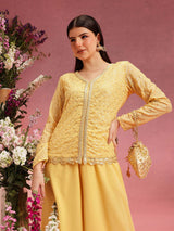 Women's Yellow V-Neck Embroidered Top With Palazzo