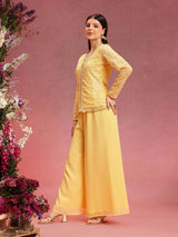 Women's Yellow V-Neck Embroidered Top With Palazzo