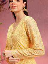 Women's Yellow V-Neck Embroidered Top With Palazzo