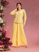 Women's Yellow V-Neck Embroidered Top With Palazzo