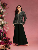 Women's Green Ethnic Motifs Embroidered Zari V-Neck Straight Kurta With Palazzo