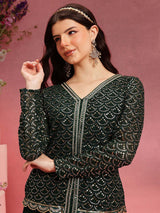 Women's Green Ethnic Motifs Embroidered Zari V-Neck Straight Kurta With Palazzo