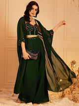 Women's Green Embellished Indo Fusion Top & Palazzo With Shrug