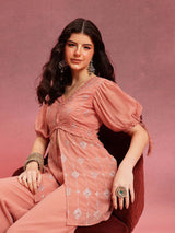 Women's Pink Ethnic Motifs Embroidered Regular Kurta with Palazzo