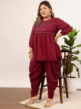 Women's Red Plus Size Floral Yoke Design Sequined A-Line Kurti with Dhoti Pant
