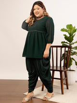 Women's Green Plus Size Floral Yoke Design Regular Sequinned Kurta with Dhoti Pant