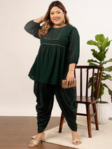 Women's Green Plus Size Floral Yoke Design Regular Sequinned Kurta with Dhoti Pant