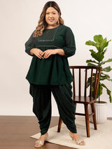 Women's Green Plus Size Floral Yoke Design Regular Sequinned Kurta with Dhoti Pant