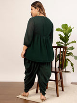 Women's Green Plus Size Floral Yoke Design Regular Sequinned Kurta with Dhoti Pant