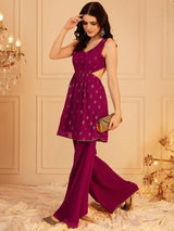 Women's Red Floral Printed V-Neck Cut-Outs Co-ords Set