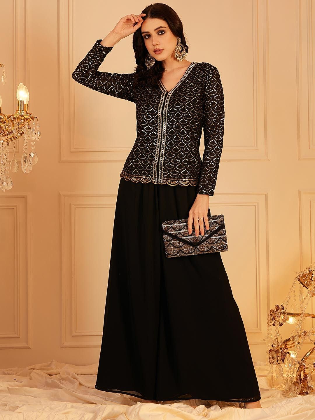 Women's Black Embellished V-Neck Top With Palazzo