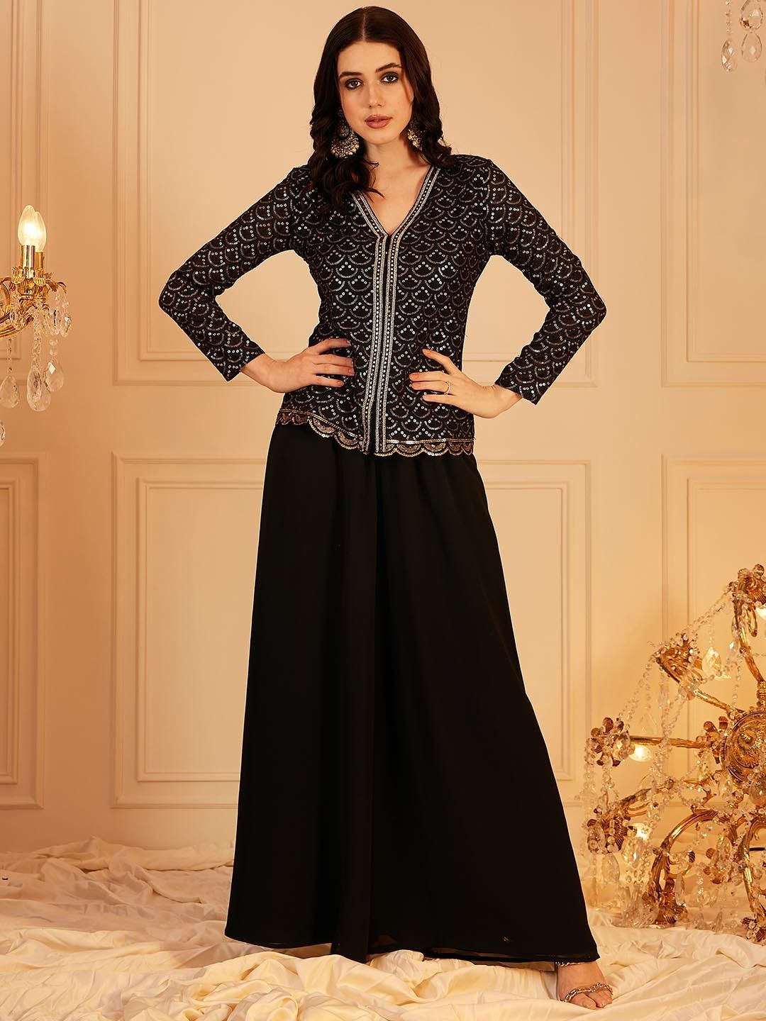 Women's Black Embellished V-Neck Top With Palazzo