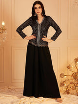 Women's Black Embellished V-Neck Top With Palazzo