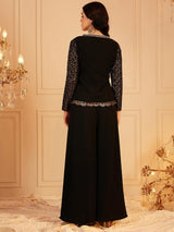 Women's Black Embellished V-Neck Top With Palazzo