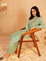 Women's Green Ethnic Motifs Yoke Design Sequinned Straight Kurta with Trouser