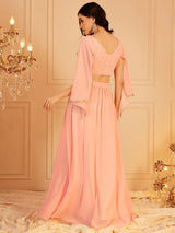 Women's Pink Embellished Flared Sleeve Top & Skirt Co-ords Set