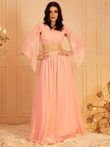 Women's Pink Embellished Flared Sleeve Top & Skirt Co-ords Set