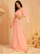 Women's Pink Embellished Flared Sleeve Top & Skirt Co-ords Set