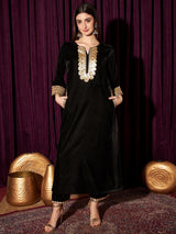 Women's Black Yoke Design Regular Sequinned Velvet Kurta with Trouser