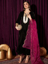 Women's Black Yoke Design Regular Sequinned Velvet Kurta with Trouser
