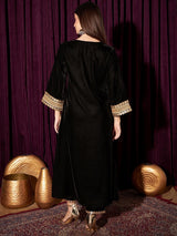 Women's Black Yoke Design Regular Sequinned Velvet Kurta with Trouser