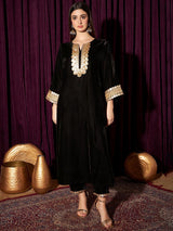Women's Black Yoke Design Regular Sequinned Velvet Kurta with Trouser