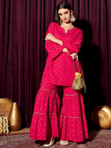 Women's Pink Floral Printed Round Neck Long Sleeves Pure Cotton Kurti with Sharara