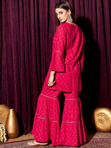 Women's Pink Floral Printed Round Neck Long Sleeves Pure Cotton Kurti with Sharara