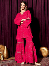 Women's Pink Floral Printed Round Neck Long Sleeves Pure Cotton Kurti with Sharara