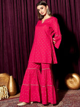 Women's Pink Floral Printed Round Neck Long Sleeves Pure Cotton Kurti with Sharara